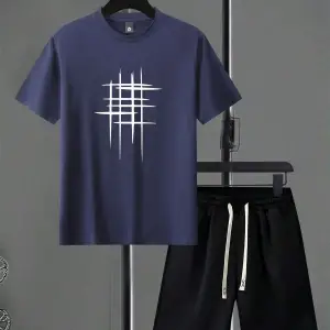 Erkek Yaz Kısa Kollu Tişört ve Şort Takımı Geometrik Desenli Baskılı