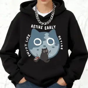 Erken Emeklilik Yaşamın Keyfini Çıkarın Kedi Baskılı Pamuklu Kapüşonlu Kadın Kışlık Cepli Swe