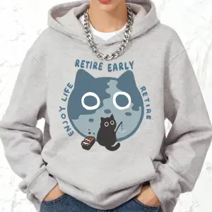 Erken Emeklilik Yaşamın Keyfini Çıkarın Kedi Baskılı Pamuklu Kapüşonlu Kadın Kışlık Cepli Swe