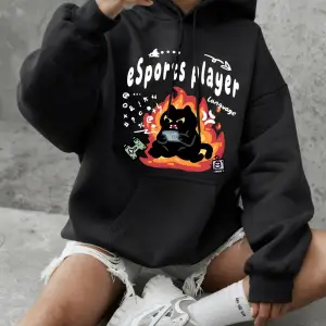 Esports Oyuncu Kedi Baskılı Kapüşonlu Üst Kadın Kışlık Polar Sıcak Sweatshirt Basic Yuvarlak