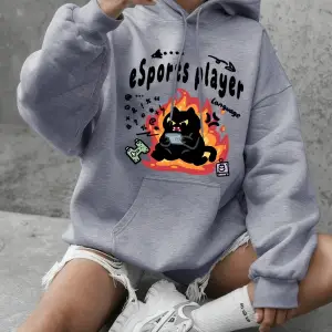 Esports Oyuncu Kedi Baskılı Kapüşonlu Üst Kadın Kışlık Polar Sıcak Sweatshirt Basic Yuvarlak