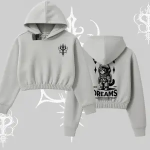 Everyone Has Dreams Yazılı Astronot Kedi Arka Baskılı Kapşonlu Crop Sweatshirt