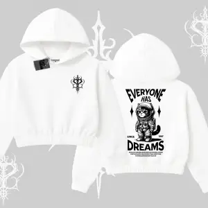 Everyone Has Dreams Yazılı Astronot Kedi Arka Baskılı Kapşonlu Crop Sweatshirt