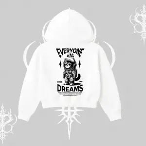 Everyone Has Dreams Yazılı Astronot Kedi Arka Baskılı Kapşonlu Crop Sweatshirt