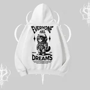 Everyone Has Dreams Yazılı Astronot Kedi Arka Baskılı Kapşonlu Sweatshirt