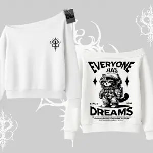 Everyone Has Dreams Yazılı Astronot Kedi Arka Baskılı Kayık Yaka Sweatshirt