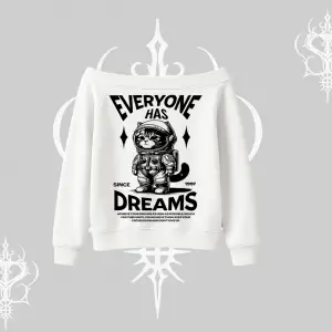 Everyone Has Dreams Yazılı Astronot Kedi Arka Baskılı Kayık Yaka Sweatshirt
