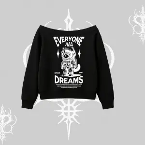 Everyone Has Dreams Yazılı Astronot Kedi Arka Baskılı Kayık Yaka Sweatshirt