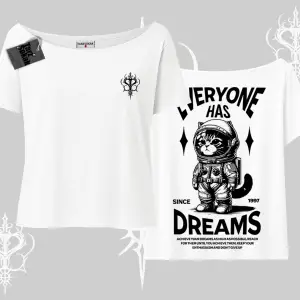 Everyone Has Dreams Yazılı Astronot Kedi Arka Baskılı Kayık Yaka Tshirt