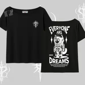 Everyone Has Dreams Yazılı Astronot Kedi Arka Baskılı Kayık Yaka Tshirt