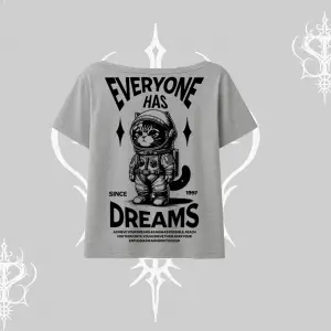 Everyone Has Dreams Yazılı Astronot Kedi Arka Baskılı Kayık Yaka Tshirt