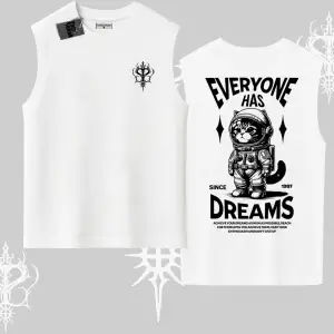 Everyone Has Dreams Yazılı Astronot Kedi Arka Baskılı Kolsuz Tshirt