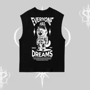 Everyone Has Dreams Yazılı Astronot Kedi Arka Baskılı Kolsuz Tshirt