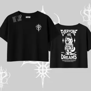 Everyone Has Dreams Yazılı Astronot Kedi Arka Baskılı Oversize Crop Tshirt