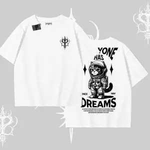 Everyone Has Dreams Yazılı Astronot Kedi Arka Baskılı Oversize Tshirt