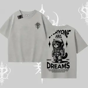 Everyone Has Dreams Yazılı Astronot Kedi Arka Baskılı Oversize Tshirt