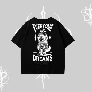 Everyone Has Dreams Yazılı Astronot Kedi Arka Baskılı Oversize Tshirt