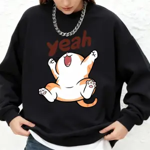 Evet Mutlu Karikatür Kedi Baskılı Kapüşonlu Üstler Kadınlar İçin Kışlık Büyük Beden Jogger Sw