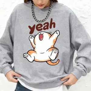 Evet Mutlu Karikatür Kedi Baskılı Kapüşonlu Üstler Kadınlar İçin Kışlık Büyük Beden Jogger Sw