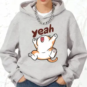 Evet Mutlu Karikatür Kedi Baskılı Pamuklu Kapüşonlu Üstler Kadın Spor Bol Sweatshirtler Kışlı