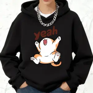 Evet Mutlu Karikatür Kedi Baskılı Pamuklu Kapüşonlu Üstler Kadın Spor Bol Sweatshirtler Kışlı