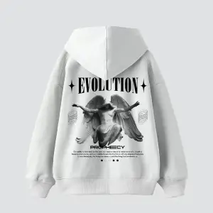 Evolution Baskılı Oversize Unisex Kapüşonlu Beyaz