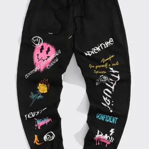 Expression & Letter Graphic Drawstring Waist Pants