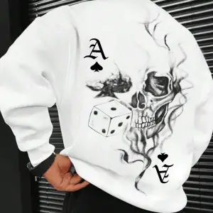 Extended Sizes Plus Playing Card & Skull Print Drop Shoulder Sweatshirt Beyaz