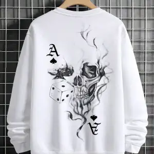 Extended Sizes Plus Playing Card & Skull Print Drop Shoulder Sweatshirt Beyaz