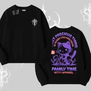 Family Time Yazılı Sevimli Anne Kedi Arka Baskılı Biskilet Sweatshirt