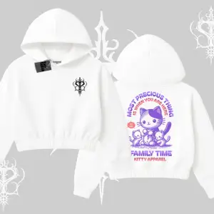 Family Time Yazılı Sevimli Anne Kedi Arka Baskılı Kapşonlu Crop Sweatshirt