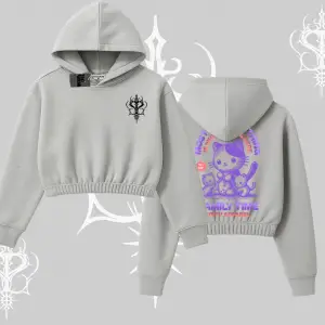 Family Time Yazılı Sevimli Anne Kedi Arka Baskılı Kapşonlu Crop Sweatshirt