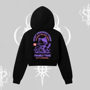 Family Time Yazılı Sevimli Anne Kedi Arka Baskılı Kapşonlu Crop Sweatshirt