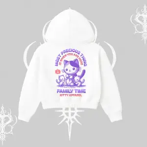 Family Time Yazılı Sevimli Anne Kedi Arka Baskılı Kapşonlu Crop Sweatshirt