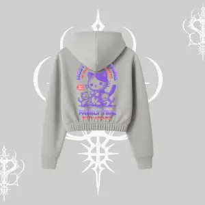Family Time Yazılı Sevimli Anne Kedi Arka Baskılı Kapşonlu Crop Sweatshirt