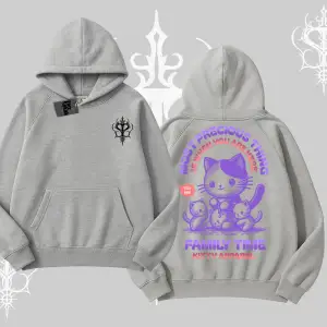 Family Time Yazılı Sevimli Anne Kedi Arka Baskılı Kapşonlu Sweatshirt