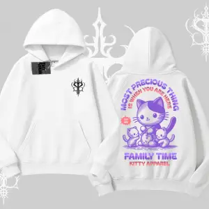 Family Time Yazılı Sevimli Anne Kedi Arka Baskılı Kapşonlu Sweatshirt
