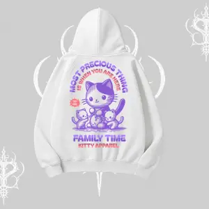 Family Time Yazılı Sevimli Anne Kedi Arka Baskılı Kapşonlu Sweatshirt