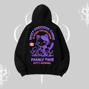 Family Time Yazılı Sevimli Anne Kedi Arka Baskılı Kapşonlu Sweatshirt