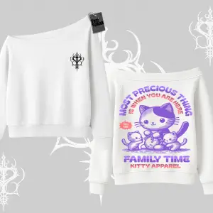 Family Time Yazılı Sevimli Anne Kedi Arka Baskılı Kayık Yaka Sweatshirt