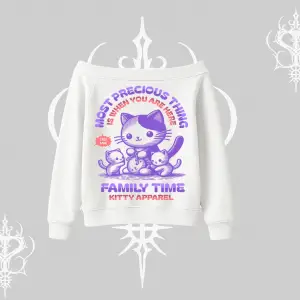 Family Time Yazılı Sevimli Anne Kedi Arka Baskılı Kayık Yaka Sweatshirt