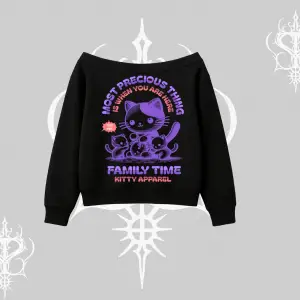Family Time Yazılı Sevimli Anne Kedi Arka Baskılı Kayık Yaka Sweatshirt