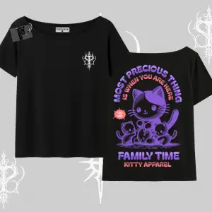 Family Time Yazılı Sevimli Anne Kedi Arka Baskılı Kayık Yaka Tshirt