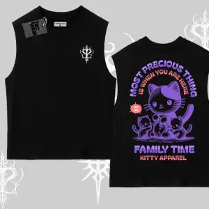 Family Time Yazılı Sevimli Anne Kedi Arka Baskılı Kolsuz Tshirt