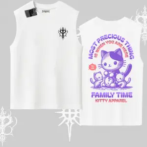 Family Time Yazılı Sevimli Anne Kedi Arka Baskılı Kolsuz Tshirt