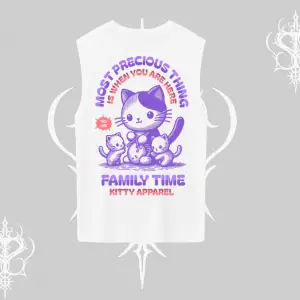 Family Time Yazılı Sevimli Anne Kedi Arka Baskılı Kolsuz Tshirt