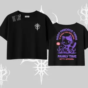 Family Time Yazılı Sevimli Anne Kedi Arka Baskılı Oversize Crop Tshirt