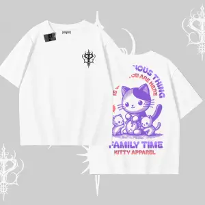 Family Time Yazılı Sevimli Anne Kedi Arka Baskılı Oversize Tshirt