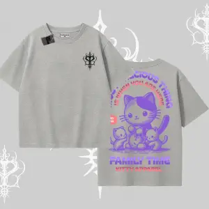 Family Time Yazılı Sevimli Anne Kedi Arka Baskılı Oversize Tshirt