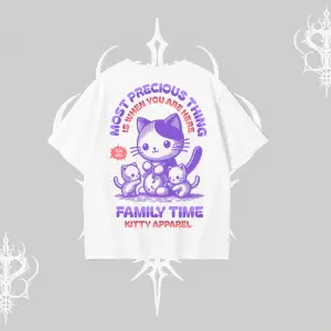 Family Time Yazılı Sevimli Anne Kedi Arka Baskılı Oversize Tshirt